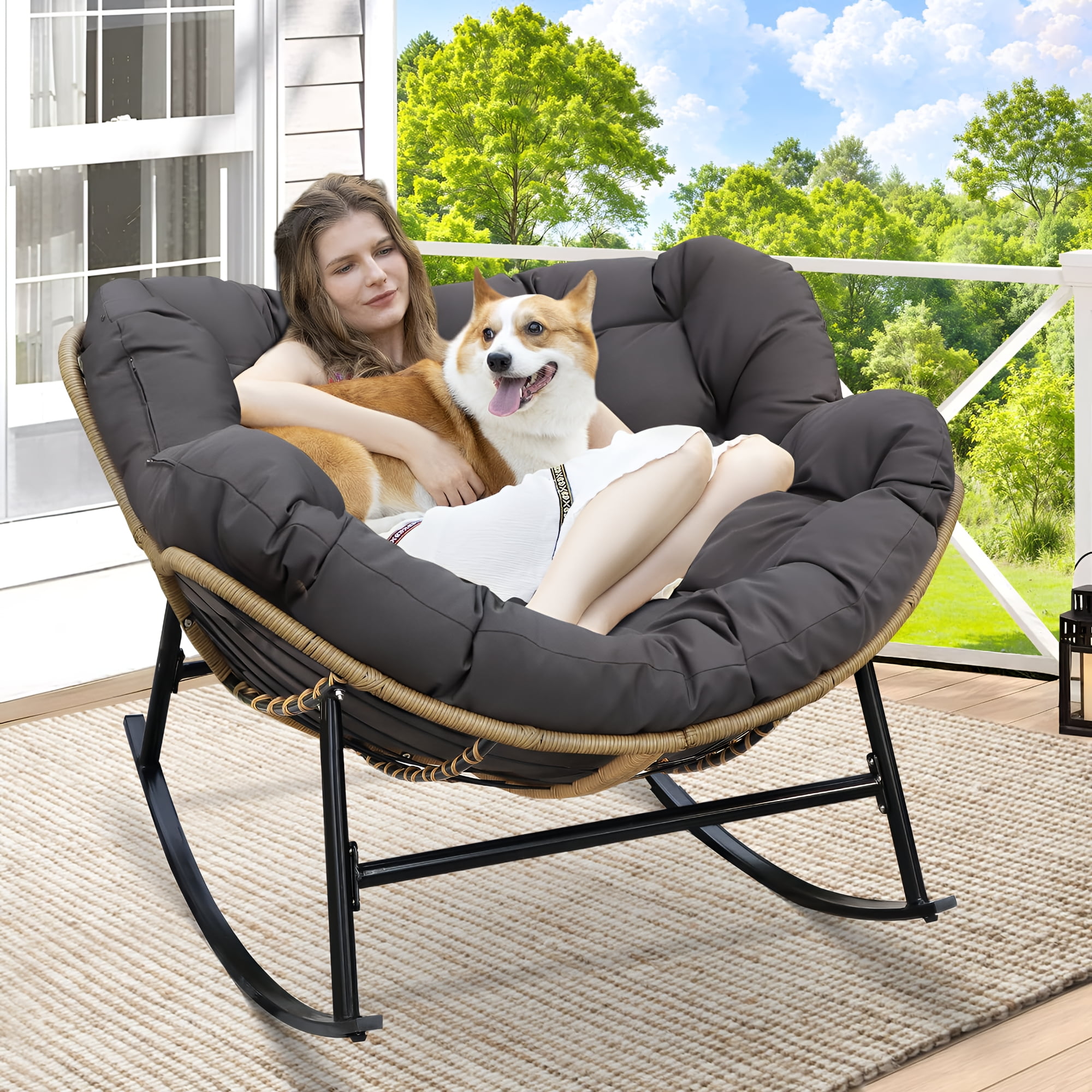 Indoor Outdoor Oversized PE Wicker Papasan Rocking Chair,Extra