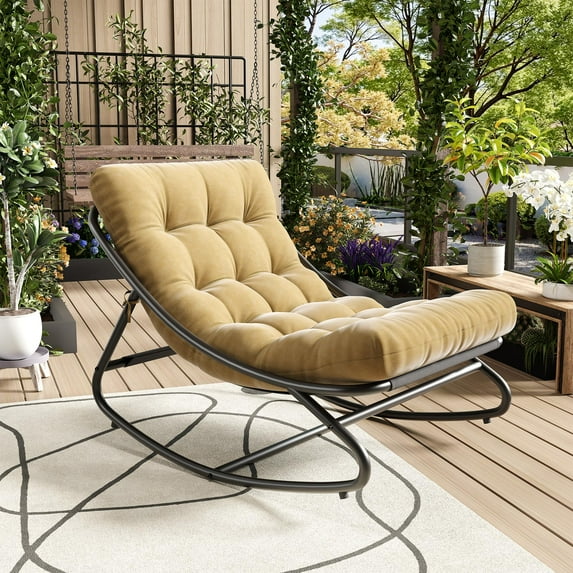 Indoor Outdoor Papasan Rocking Chair, Oversized Papasan Rocking Chair with Thick Cushion, 450 LBs Support, Comfy Rocking Egg Chair for Bedroom, Living Room, Porch, Garden, Patio