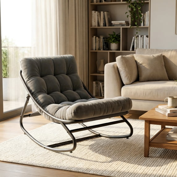 Indoor Outdoor Papasan Rocking Chair with Cushion, Curved Metal Frame Rocking Chair for Bedroom Living Room Porch Patio
