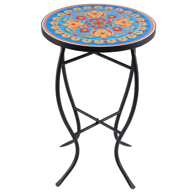 Indoor/Outdoor Patio Round Ceramic Tile Side Table Plant Stand Faberge