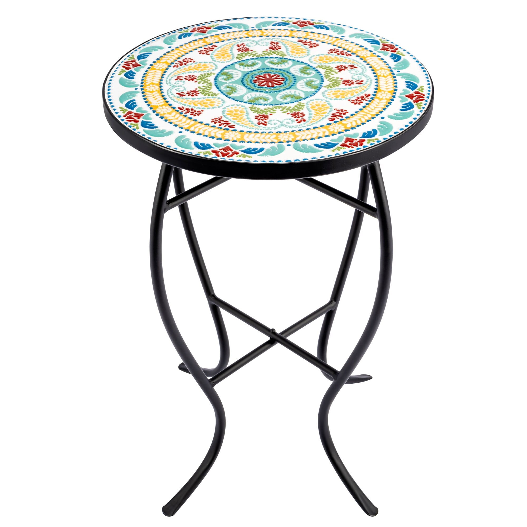 Floral Turkish-Style Ceramic Tile Round Side Table