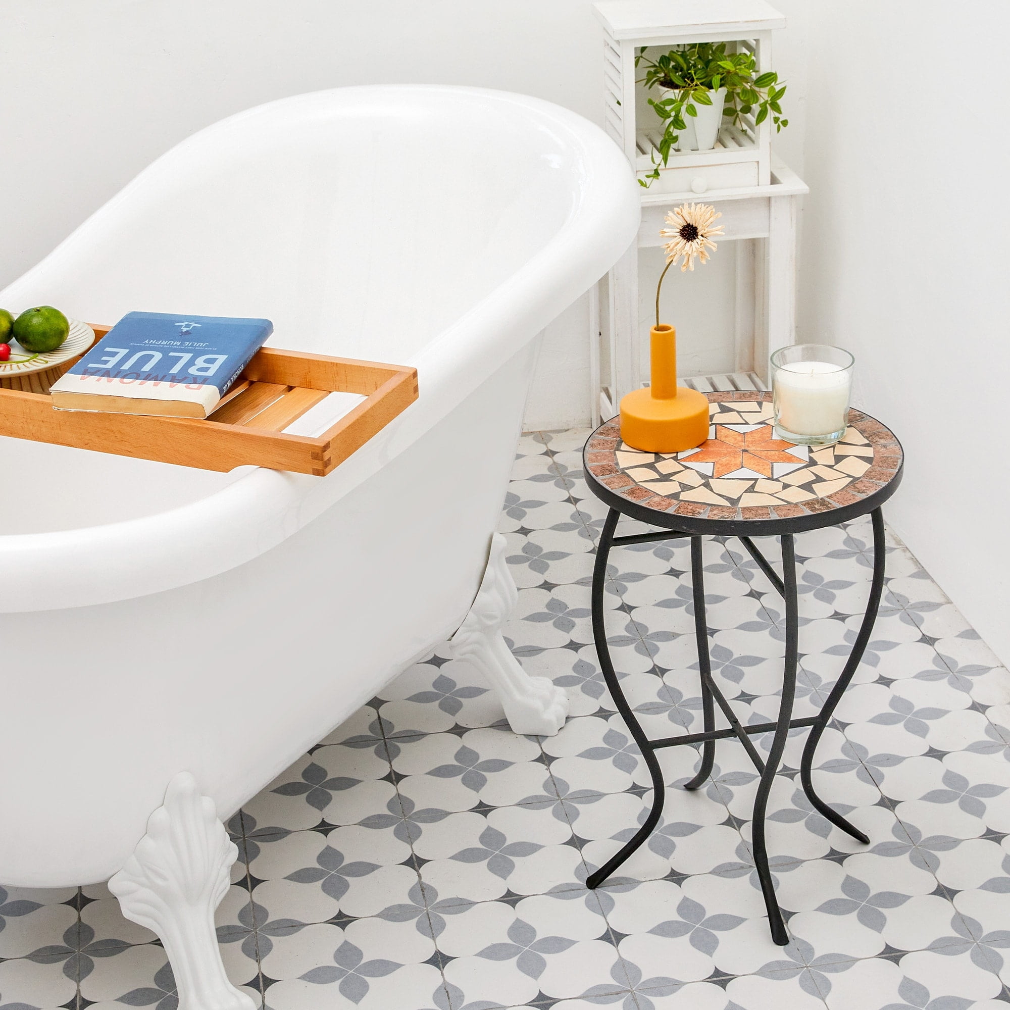 Round Maple Ceramic Tile Top Outdoor Side Table