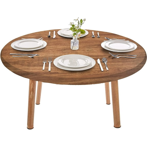 Indoor Outdoor Patio Round Fitted Vinyl Tablecloth, Flannel Backing, Elastic Edge, Waterproof Wipeable Plastic Cover, Brown Rustic Barn Wood Grain for 6-Seat Table 44’’ Diam