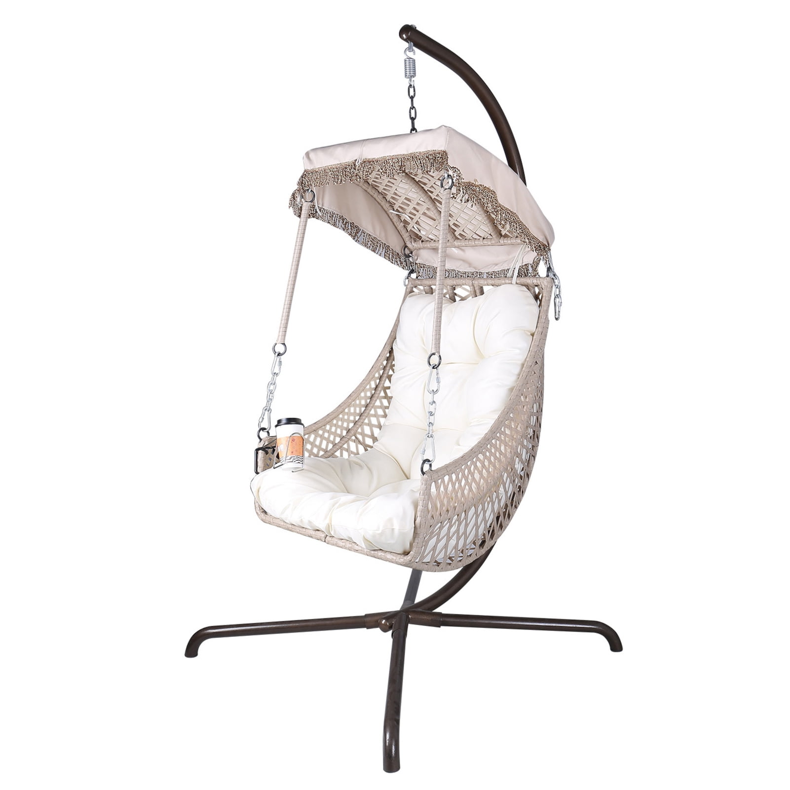 Beige Outdoor Egg Chair with White Cushions and Steel Frame