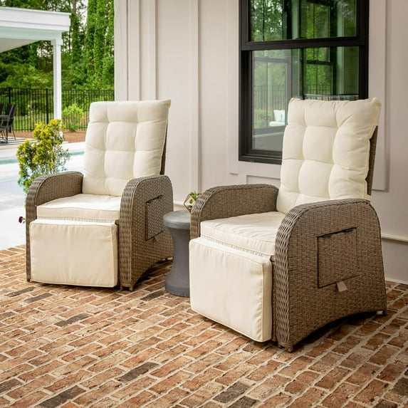 Indoor/Outdoor Patio Wicker Rattan Recliner Lounge Chair with Flip up Side Table, Beige and Brown