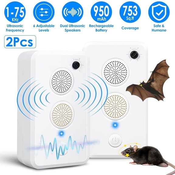 Indoor Outdoor Pest Deterrent - Ultrasonic Bat Bird Mouse Repeller with 6 Levels, 70-80H Runtime, 753Sq.ft Coverage, Safe Humane Design