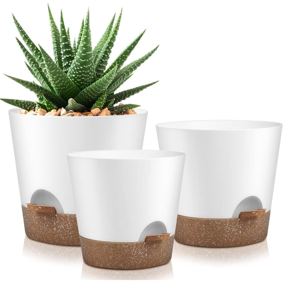 Indoor Outdoor Plant Pots- Self Watering Planters with Drainage Holes and Saucers, 9,8, 7.5 Inches, 3 Pots (Snow)