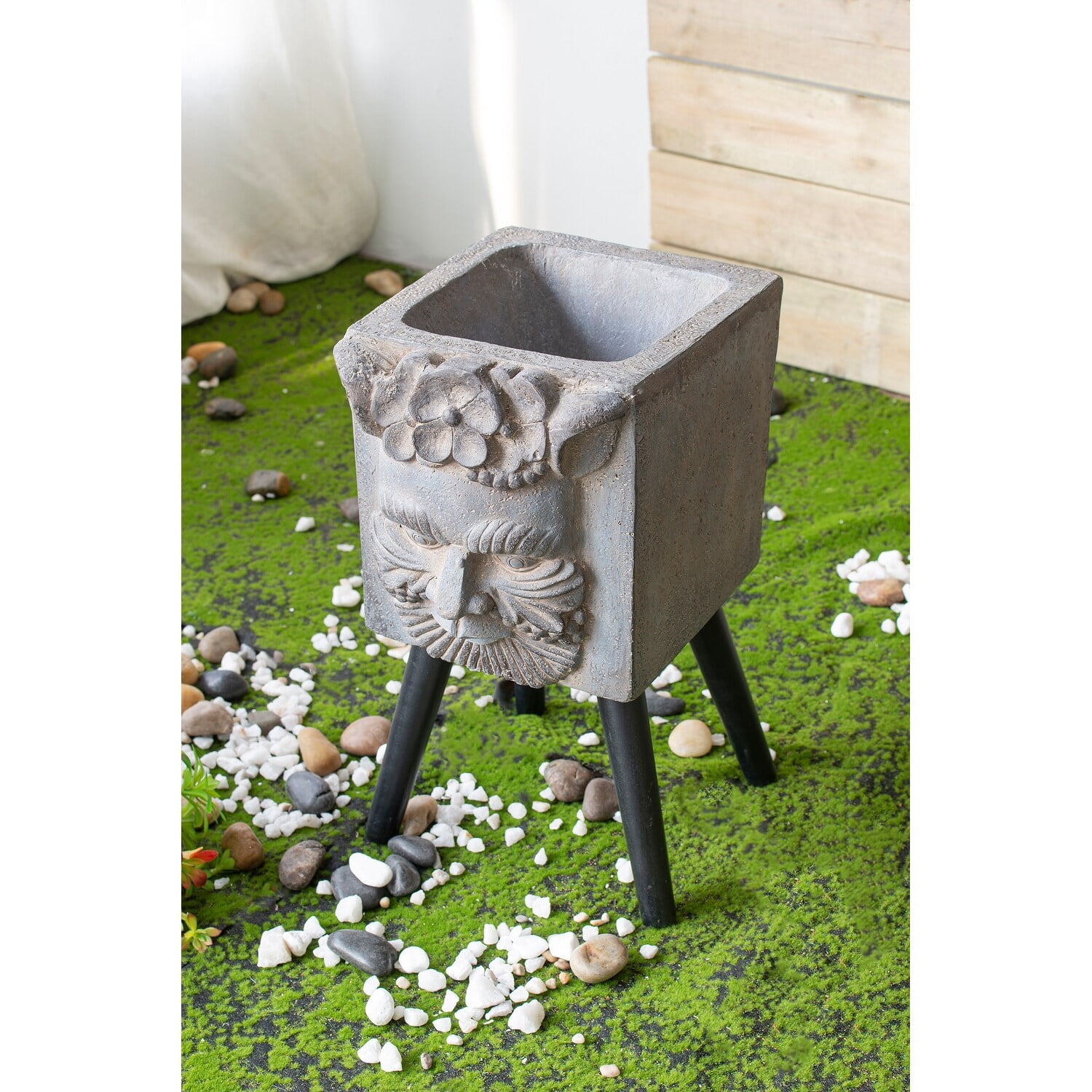 Gray Magnesium Greek God Statue Planter with Black Legs