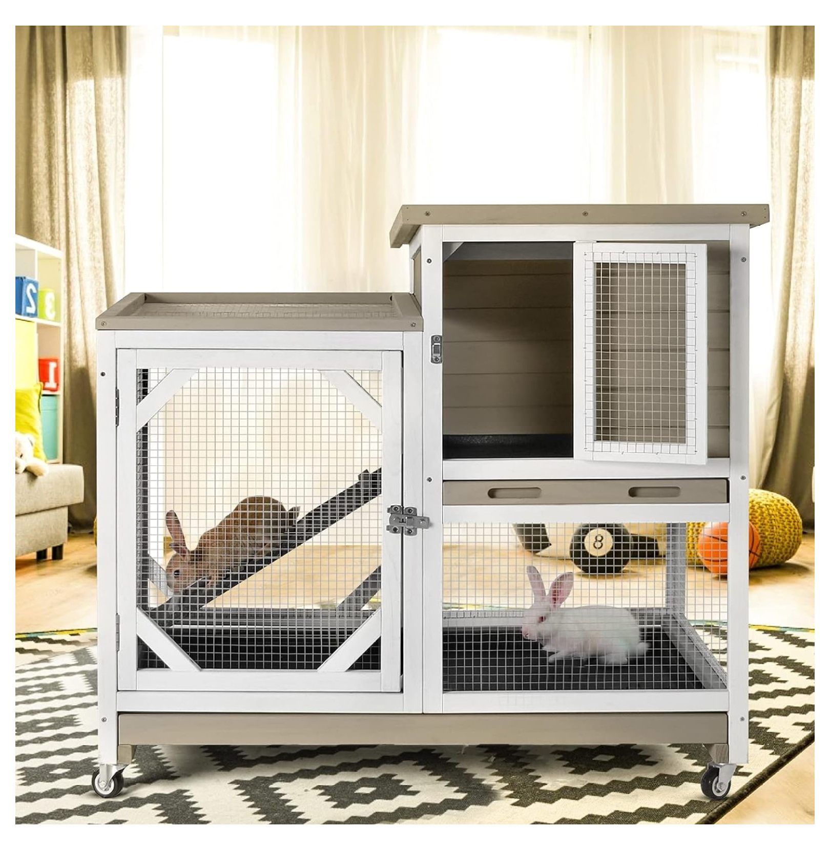 Indoor Outdoor Rabbit Hutch, Bunny Cage on Wheels with 2 Deep No