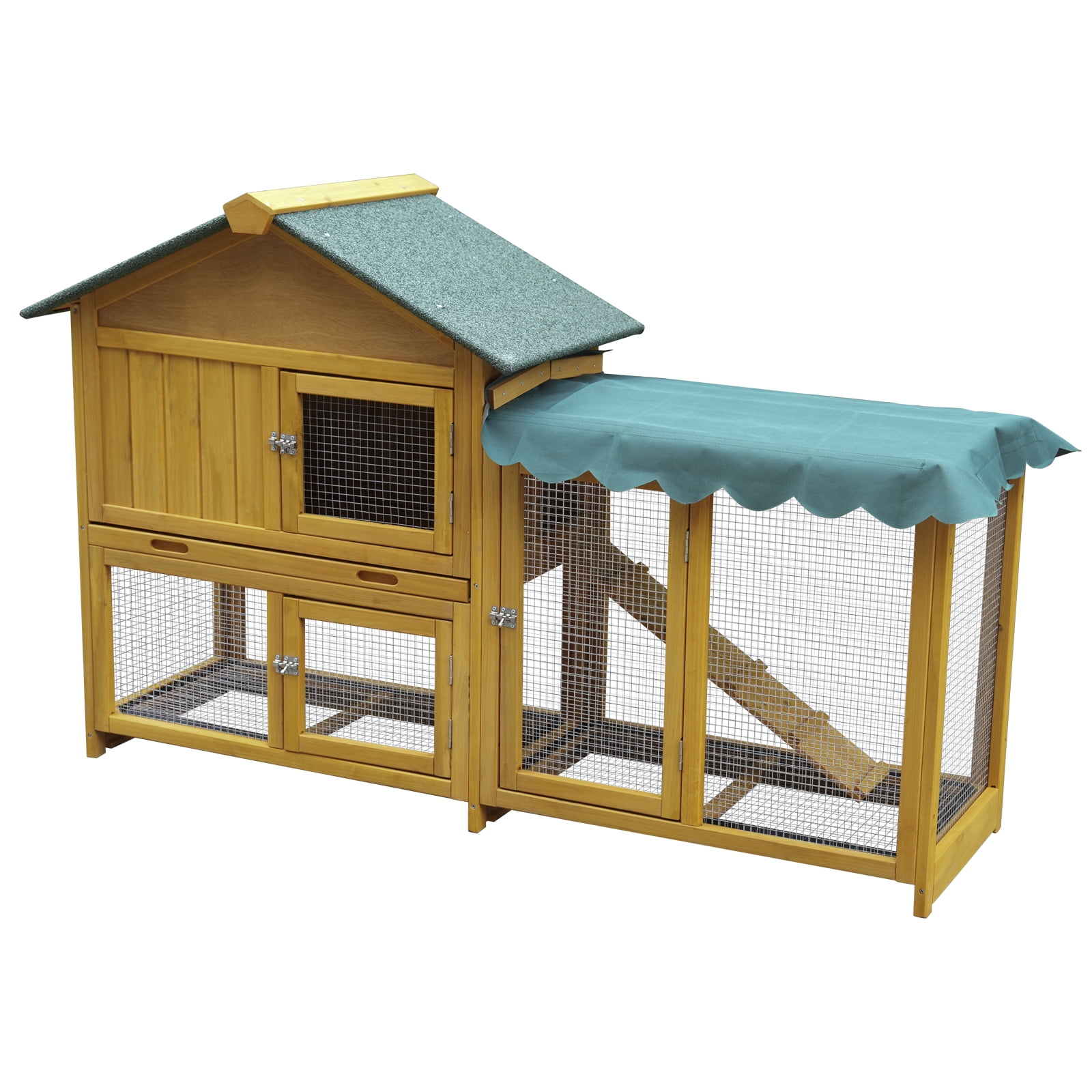 Indoor & Outdoor Rabbit Hutch, Solid Wood Double-Layer Bunny Cage with Run, Waterproof Sun Cover, UV Panel, Leak-Proof Pull-Out Tray & Removable Wire Mesh for Small Animals