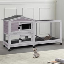 MEDEHOO Indoor Outdoor Rabbit Hutch with Pull-Out Tray, Weatherproof Bunny Cage with Run, Pull-out Tray for Rabbits, Guinea Pigs, Chickens, Gray
