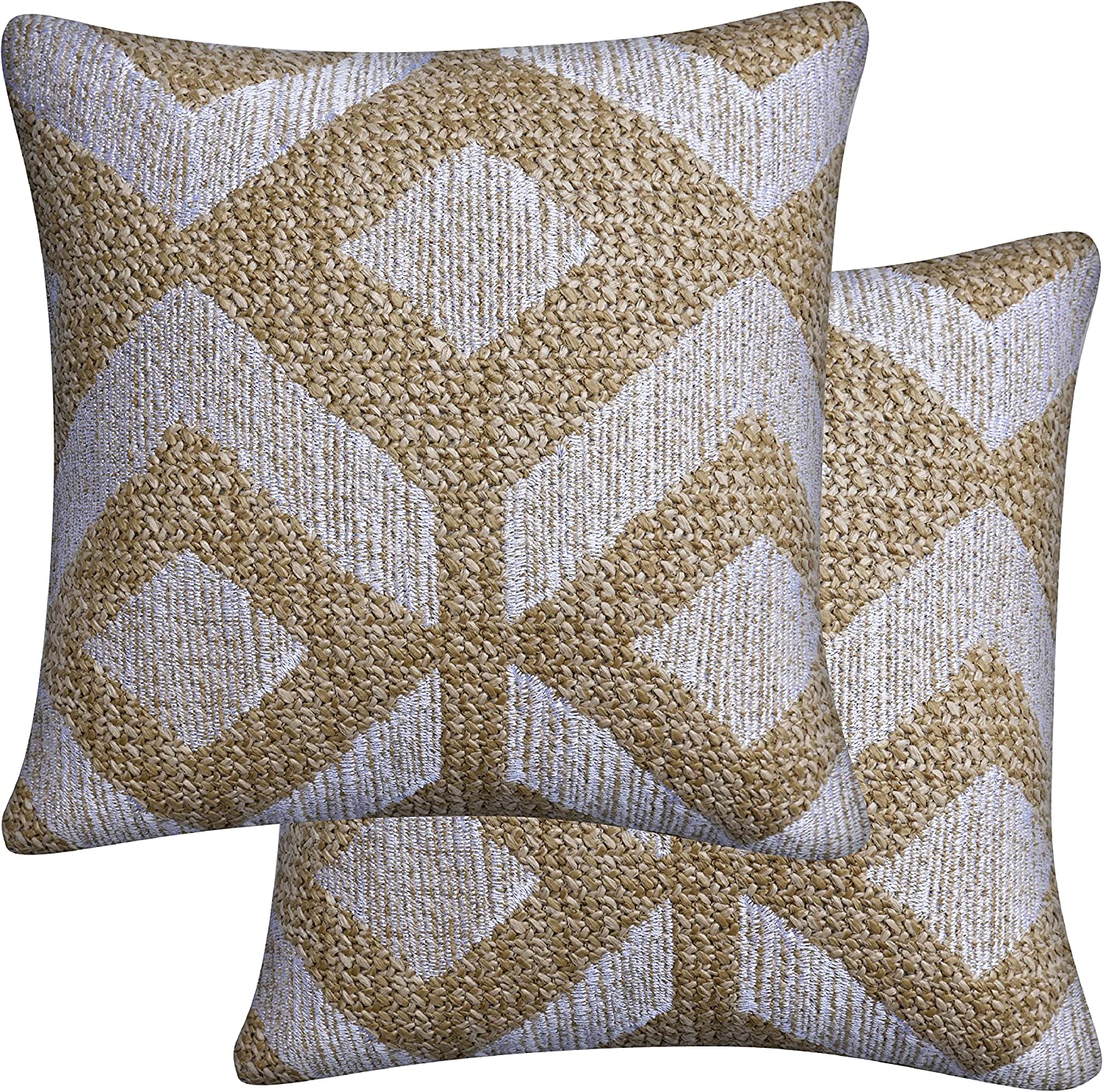 Indoor/Outdoor Raffia Tan Toss Pillow, Embroidered Faux Jute Fabric, Recycled Polyester Fill
