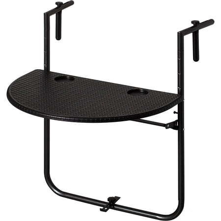 , Indoor and Outdoor Rattan Decorative Foldable Balcony Hanging Table, Railing Bar Serving Table, Adjustable Hight 3-Level, Balcony and Garden Deck, Rust Proof (Black)
