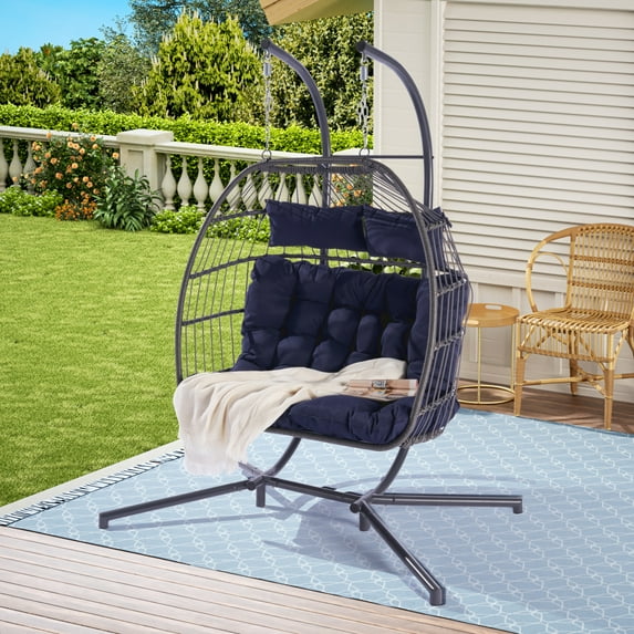 Indoor Outdoor Rattan Hanging Chair for 2 Person , Patio Foldable Wicker Egg Chair with Iron Stands, Chair with Deep Cushion for Home Bedroom Backyard Balcony, Bears 720 LBS, Dark Blue