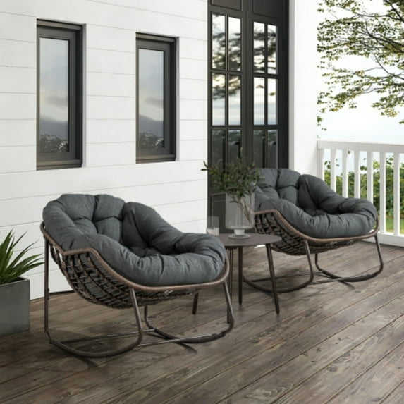 Indoor Outdoor Rattan Rocking Chair with Cushion, Yardmaster Oversized Patio Papasan Rocking Chair for Patio, Porch, Garden, Bedroom, Comfy Recliner Rocking Chair with 250 lbs Capacity
