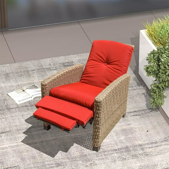 Indoor Outdoor Recliner, All-Weather HDPE Wicker Adjustable Reclining Lounge Chair with Durable Steel Frame and Soft Cushion, Luxury Comfortable for Home Reading Sunbathing or Relaxation (Red)