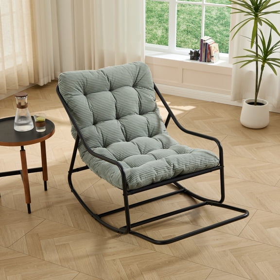 Indoor Outdoor Rocking Chair, Modern Metal Frame Rocker with Ultra-Thick Cushion, 300lbs Capacity for Bedroom, Living Room, Patio