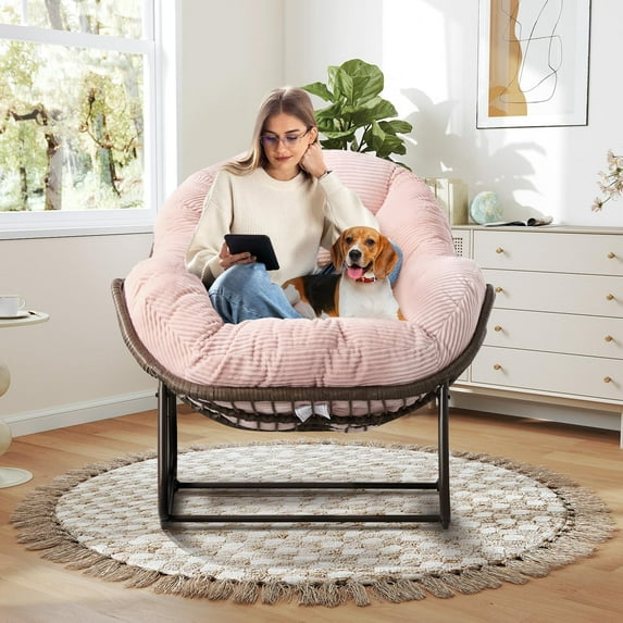 Indoor Outdoor Rocking Chair, Oversized Papasan Rocking Chair with Padded Cushion, Rocker Egg for Front Porch, Garden, Living Room, Bedroom, Apartment