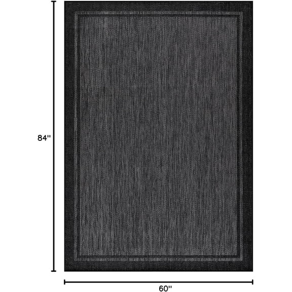 Indoor Outdoor Rug 5x7 Bordered Dark  Black Modern Area Rugs for Patios Kitchens Hallways Washable Porch Deck Outside Carpet
