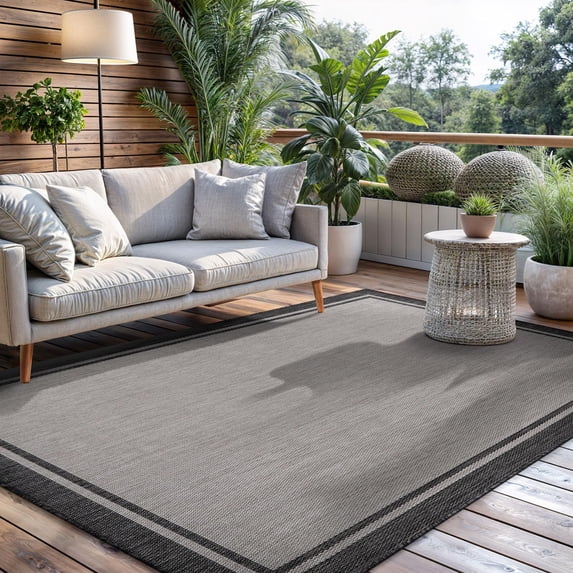Indoor Outdoor Rug 5x7 Bordered Gray Modern Area Rugs For And Patios Kitchen Hallway Mats Washable Porch Deck Outside Carpet (bordered Grey 5 X 7)