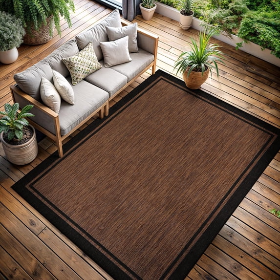 Indoor Outdoor Rug 8x10 Bordered Nut Brown Black Modern Area Rugs For And Patios Kitchen Hallway Mats Washable Porch Deck Outside Carpet (bordered 8 X 10)