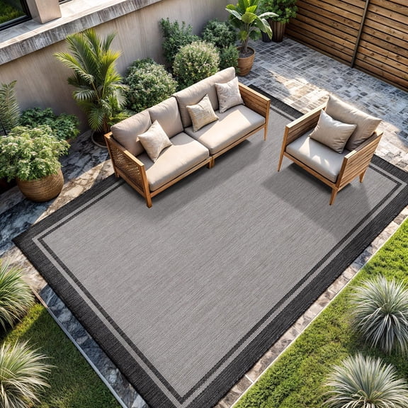 Indoor Outdoor Rug, 9x12 Bordered Gray Modern Area Rugs for Large Indoor and Outdoor Patios, Kitchen and Hallway Mats, Washable Porch Deck Outside Carpet (Bordered Grey, 9 x 12)