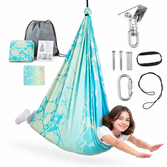 Indoor Outdoor Sensory Pod Hanging Swing, Marble Blue and Yellow Design, 300lb Capacity