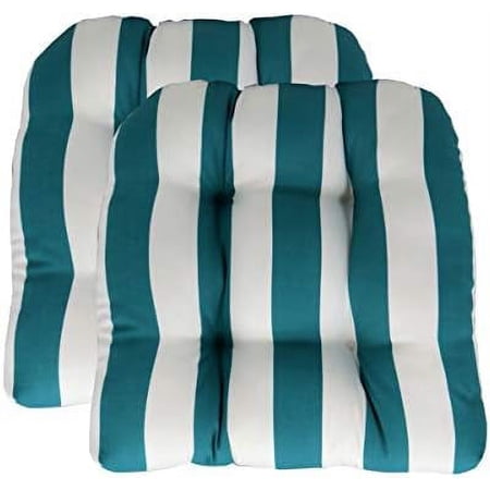 Indoor Outdoor Set Of 2 U-Shape Wicker Tufted Seat Cushions, (Large, Peacock  White Stripe)