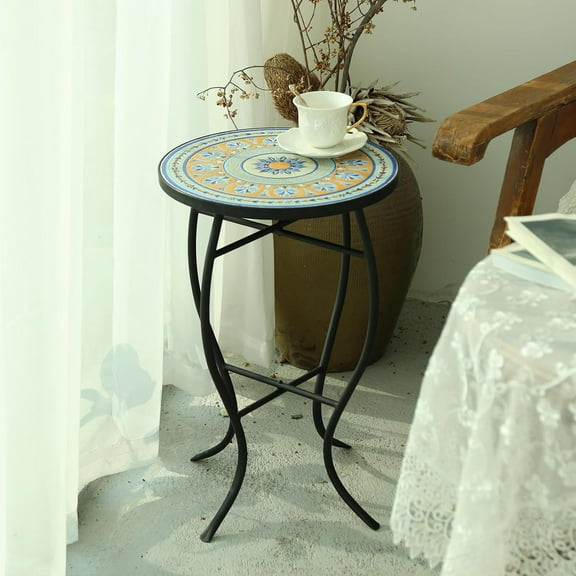 Indoor Outdoor Side Table - Mosaic Side Table, Round Side Table with Ceramic Tile Top, Patio Accent Table for Yard, Garden, Living Room Ect