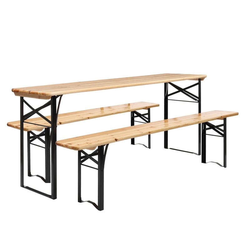 Natural Fir Wood and Black Iron Folding Picnic Dining Set