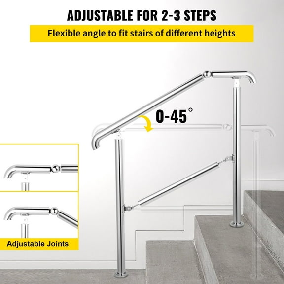 Stainless Steel Transitional Handrail for Porch Steps and Level Ground, 441lb Load Capacity, DIY Indoor Outdoor Railing with Mounting Hardware, Silver