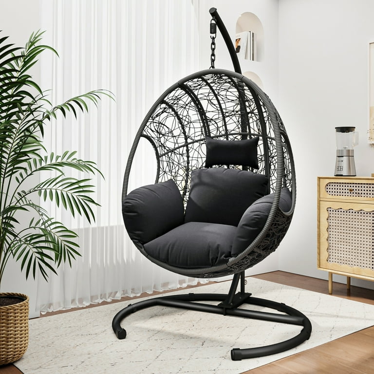 Indoor Outdoor Swing Egg Chair with Black Base, Comfy Patio Wicker