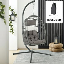 Indoor Outdoor Swing Egg Chair with Stand, Patio Foldable Grey Wicker Rattan Hanging Chair with Steel Frame, Cushion, Cover, All Weather Hammock Chair for Bedroom, Garden, Dark Grey