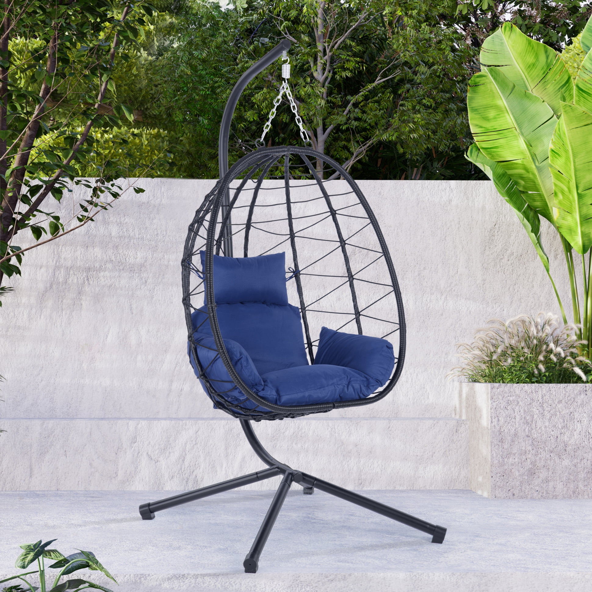 Indoor Outdoor Swing Egg Chair with Steel Stand, Comfy Patio Wicker ...