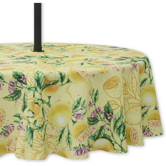 Indoor Outdoor Tabletop for Spring Summer Decorations, Picnics and Dinner Parties - Stain and Water Resistant, Lemon Bliss, Zipper Tablecloth, 60" Round with Umbrella Hole