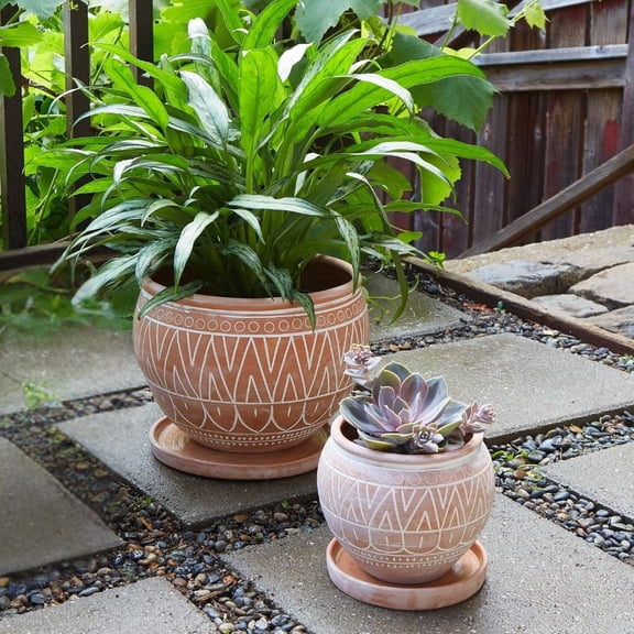 Indoor Outdoor Terracotta Belly Pots with Saucers, Rangoli Patterns (Setof2)
