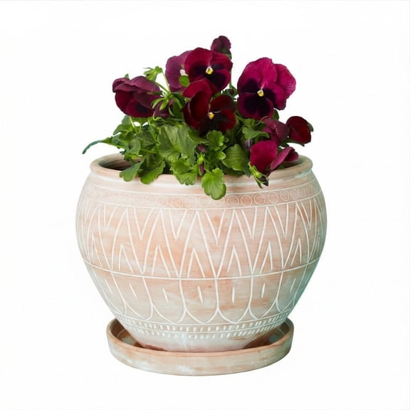 Indoor Outdoor Terracotta Belly Pots with Saucers, Rangoli Patterns (Small)