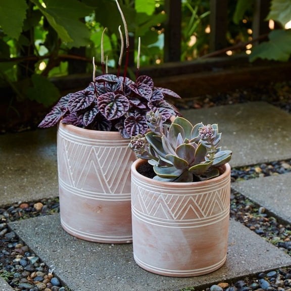 Indoor Outdoor Terracotta Cylinder Pots, Rangoli Patterns (Setof2)