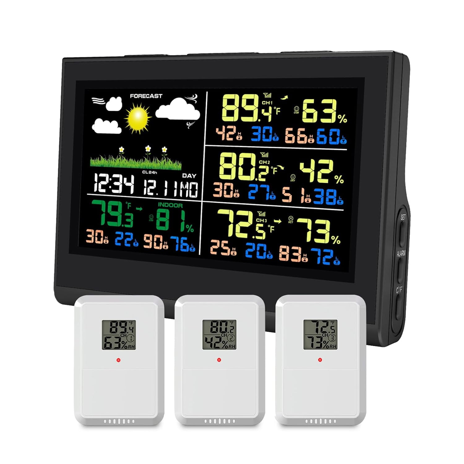 Indoor Outdoor Thermometer Wireless, Color Display Weather Stations with Multiple Sensors, Indoor Outdoor Thermometer Hygrometer for House with Min/Max Record, Weather Forecast, Alarm Clock