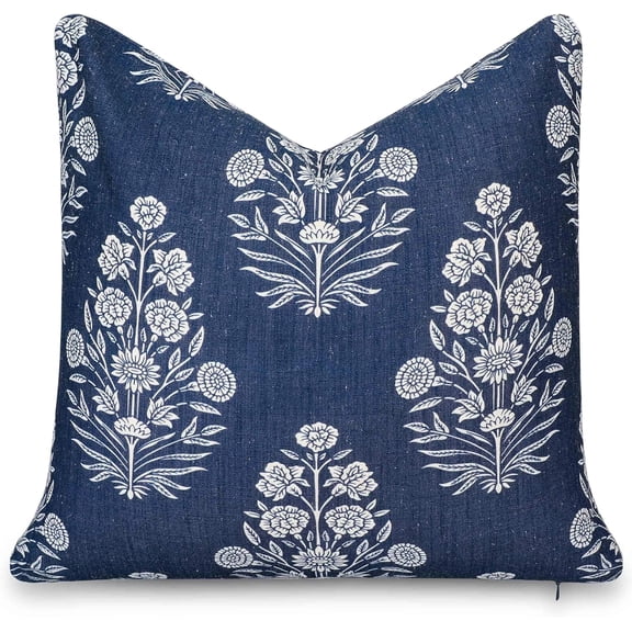 Indoor Outdoor Throw Pillow Cover 20"x20" Water Repellent Linen Blend Dark Navy Floral