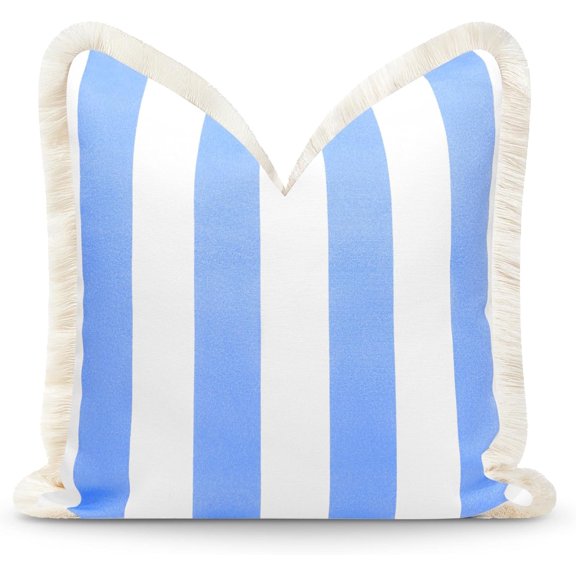 Indoor Outdoor Throw Pillow Cover 20x20 Inches Water Repellent Cornflower Blue Stripe with Fringe