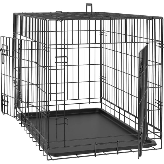 Indoor Outdoor Travel Use: Folding Metal Wire Dog Crate with Tray, 30/36/42 Inch Double Door, for Small/Medium/Large Dogs, Black, Durable Steel Construction
