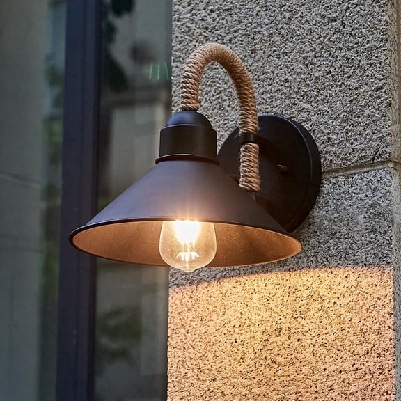 Indoor Outdoor Wall Sconce with Hemp Rope, Matte Black Vintage Porch Light, 10 Inch Modern Farmhouse Industrial Lamp, E26 Exterior Lighting Fixture for Bedroom, Hallway, Barn, Garage, Patio