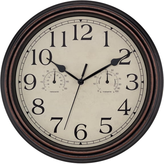 Indoor Outdoor Waterproof Wall Clock with Thermometer and Hygrometer Combo, 14 Inch Retro Silent Non-Ticking Battery Operated Quartz Round Outdoor Clocks for Patio Home Office (Bronze)