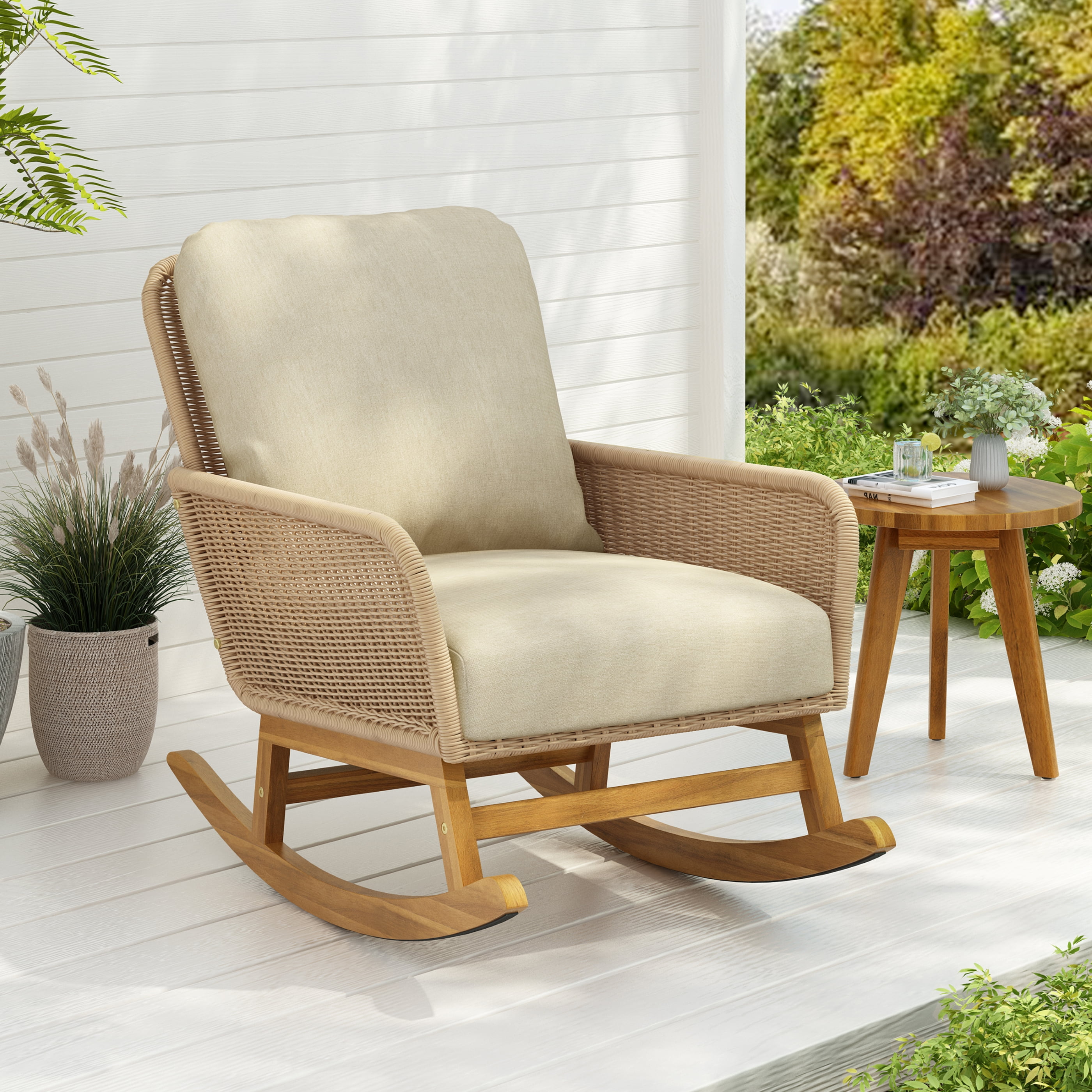 Beige Wicker Rocking Chair with Cushions and Wooden Frame