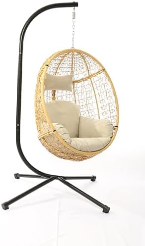 Bifanuo Indoor Outdoor Wicker Swing Egg Chair Hammock Hanging Nest Basket Stand UV Resistant Removable Washable Cushions 350LB Capacity Bedroom Balco