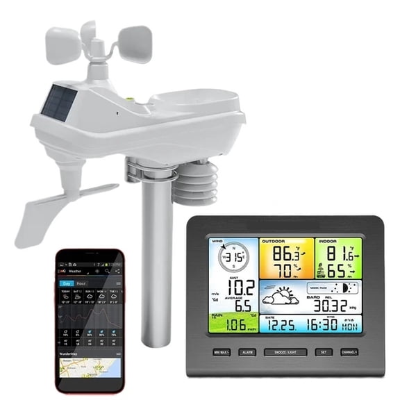 Indoor Outdoor Wireless Weather Station 5 In 1 LED Color Console Forecast Temperature Humidity Anemometer Rain Meter Alarm Clock ,Easy to Operate