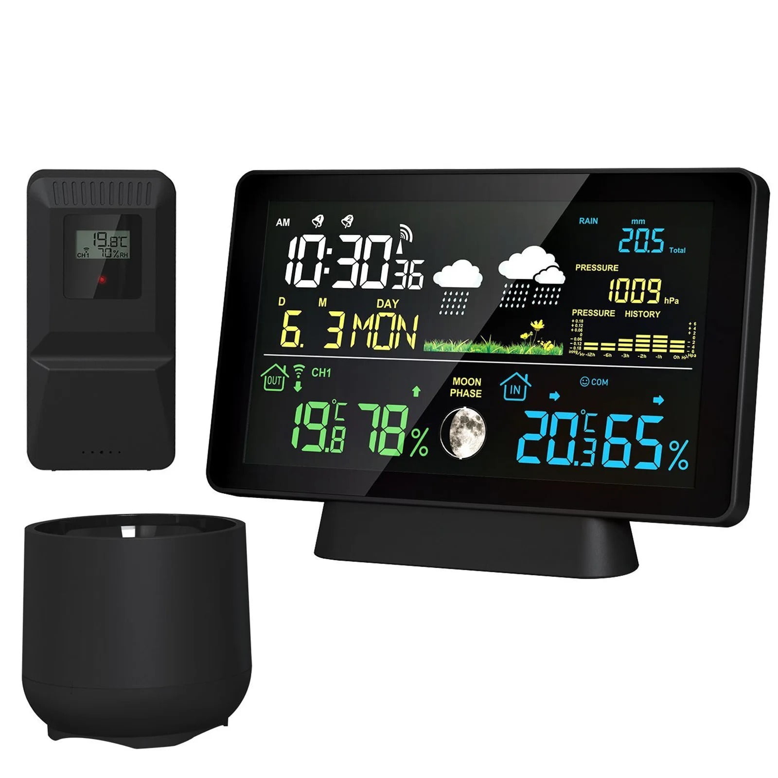 Indoor/Outdoor Wireless Weather Station Thermometer Time Date Radio Signal Air Pressure Moon Phase Rain Gauge Weather Forecast ,Excellent Visual Experience