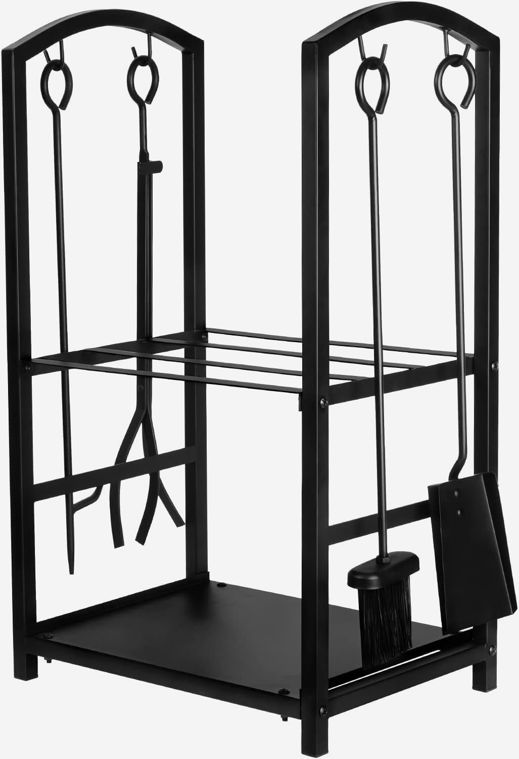 Indoor or Outdoor Wrought Iron Firewood Rack, 5Piece Set with Fireplace Tools and Log Holder