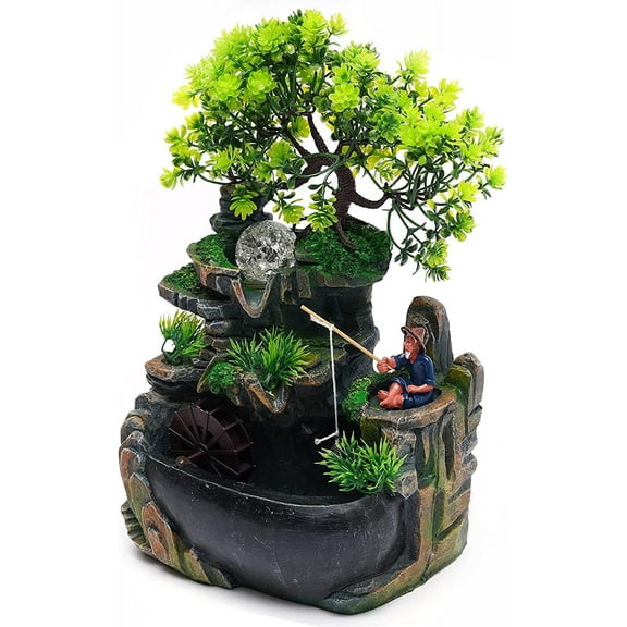 Indoor & Outdoor Zen Waterfall, Desktop and Tabletop Fountain, Decoration, Water Feature with Colour Changing LED Lighting, Zen Meditation Waterfall, Old Man Black